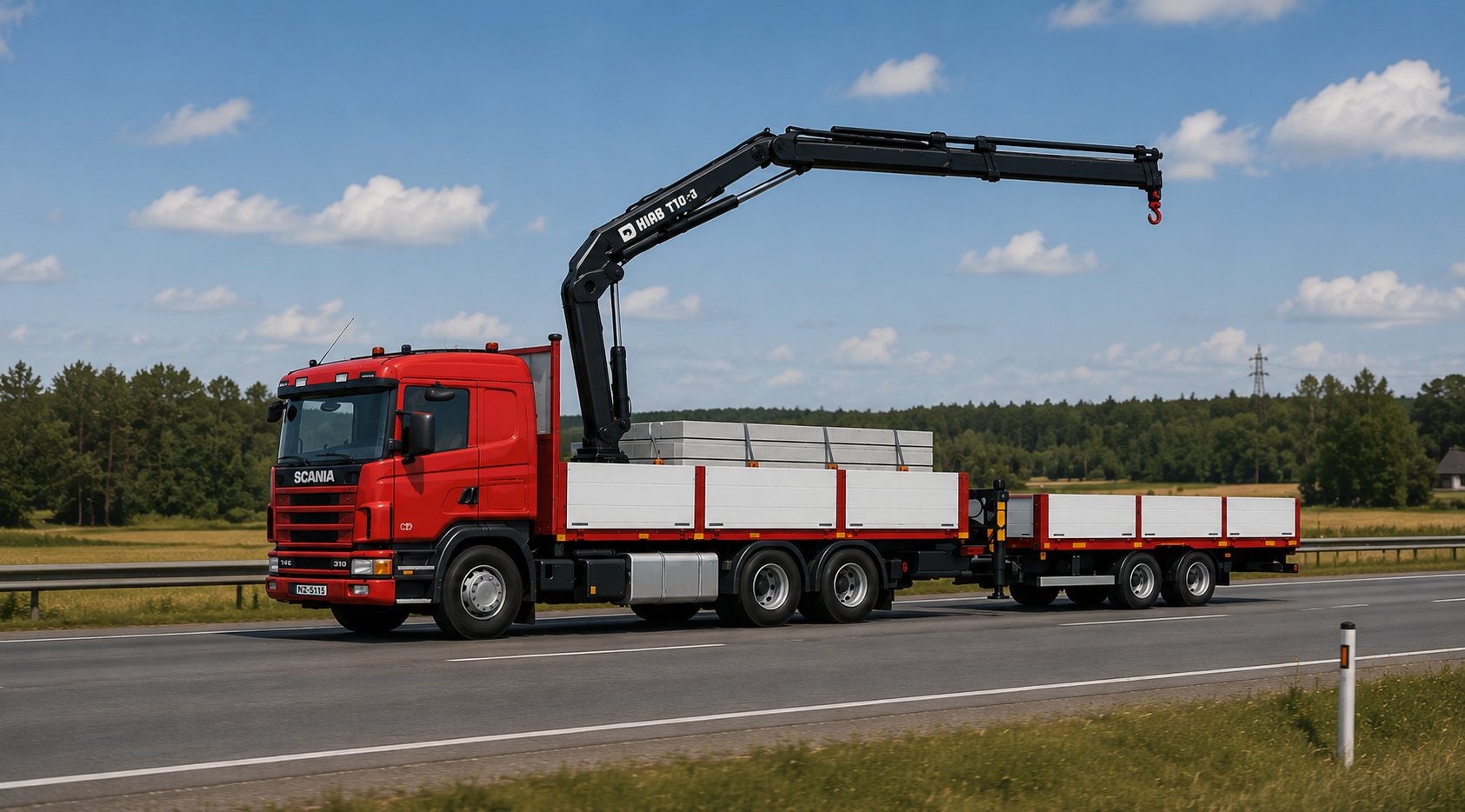 Scania kravas automašīna ar HIAB manipulatoru un retro automašīnām uz platformas brauc pa Latvijas šoseju