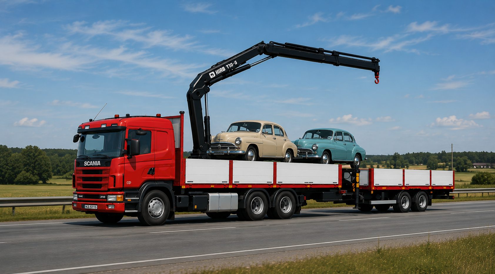 Scania kravas automašīna ar HIAB manipulatoru un retro automašīnām brauc pa šoseju