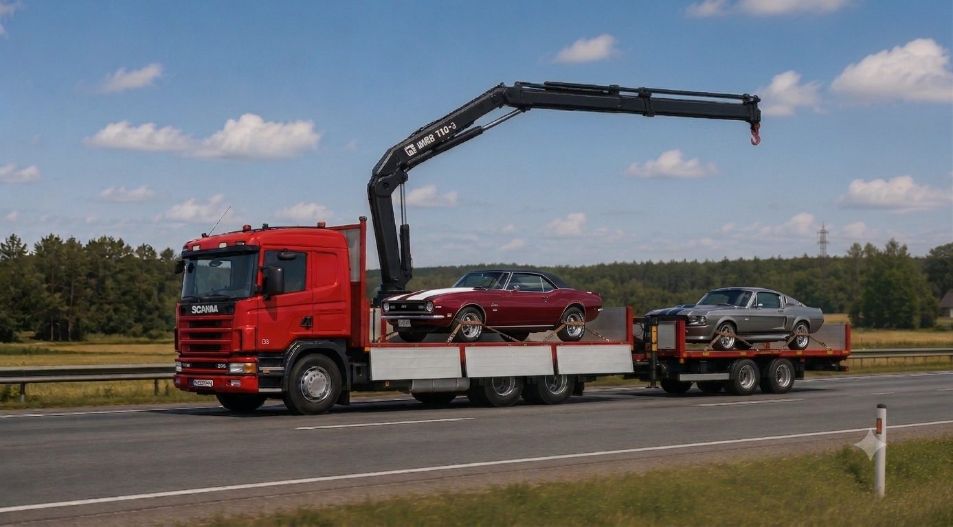 Muskuļauto uz AutoKrava Jūrmala platformas ar HIAB manipulatoru